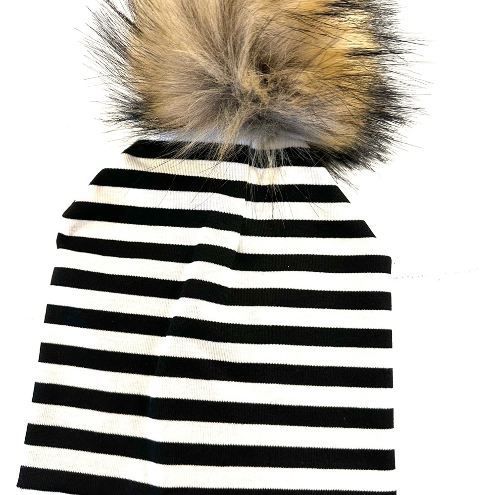 NWT Child Infant Striped Beanie Hat with Fur Pom Pom